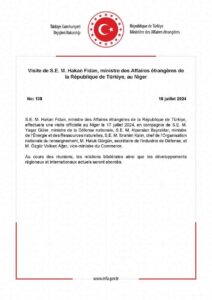 La délégation turque, menée par le ministre des Affaires étrangères Hakan Fidan, entame une visite significative à Niamey, 