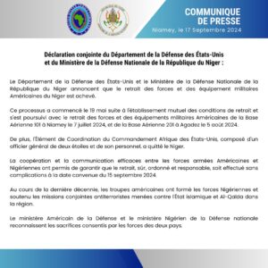 Après un  retrait militaire  ordonné, les forces américaines quittent définitivement le Niger, après une décennie de coopération.